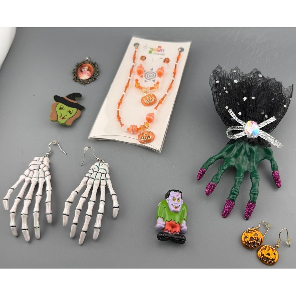 Vintage Halloween Jewelry Lot Witch Skeleton Pumpkin Frankenstein Earrings